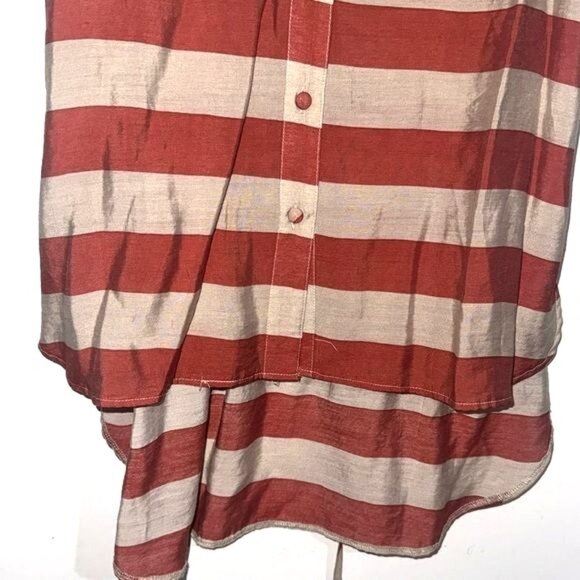 Feathers Red & Beige Striped Short Sleeve Button-Up Blouse With Tie Waist - Size - Picture 5 of 7